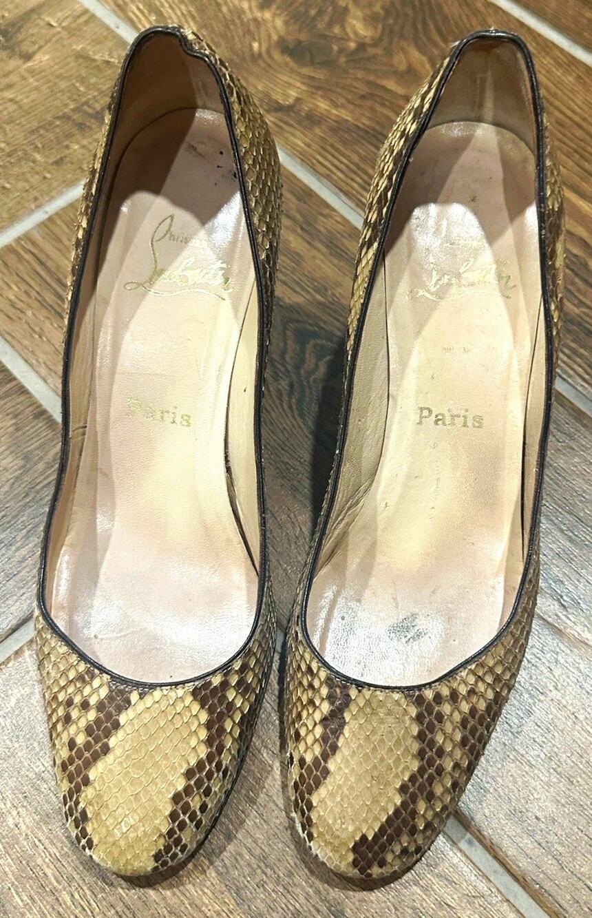 Christian Louboutin Beige Brown Leather Snake Print Round Toe Pumps Size 38